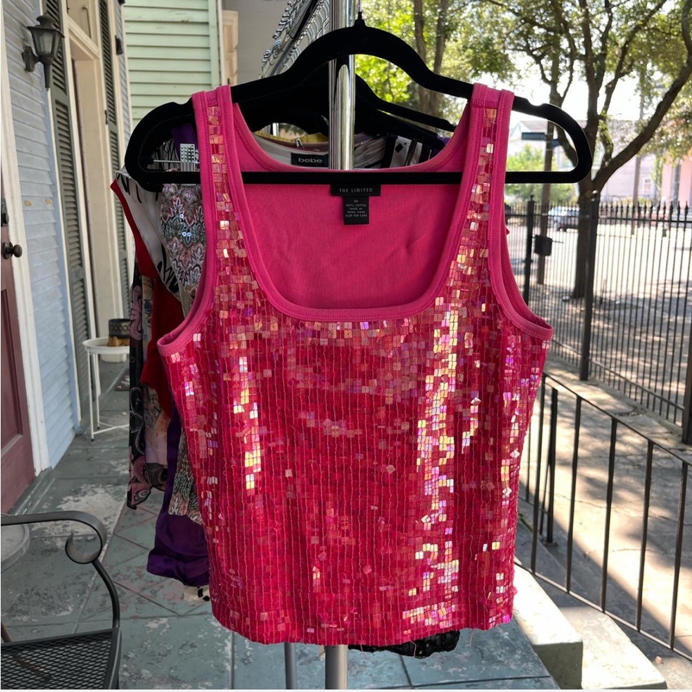 Vintage The Limited 100% Cotton Hot Pink Iridescent Sequin Tank Top